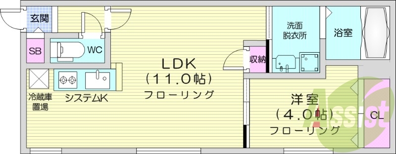 1LDK、都市ガス、エアコン、浴室乾燥機、システムキッチン