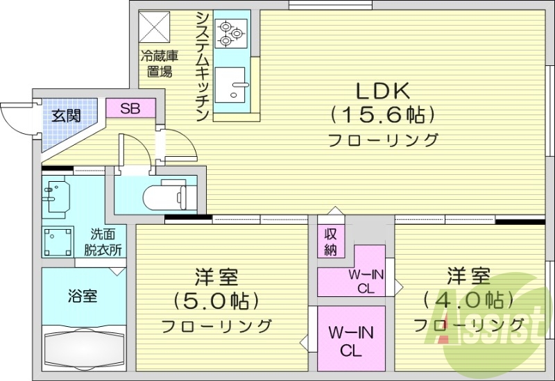 2LDK、都市ガス、エアコン、浴室乾燥機、システムキッチン