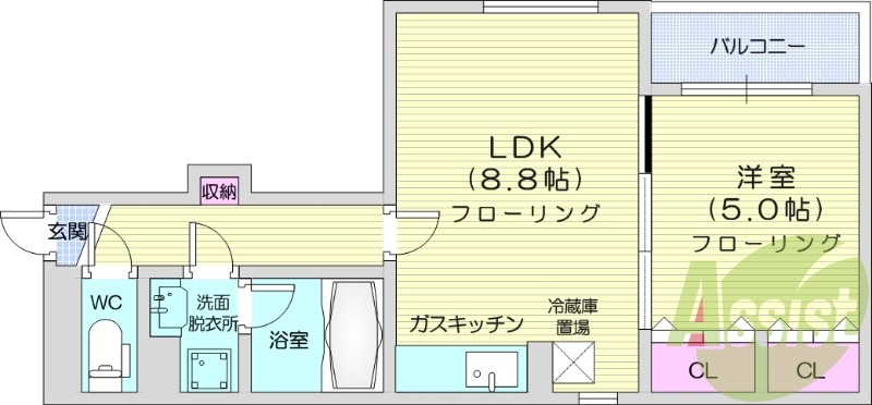 1LDK、ネット無料、灯油暖房、バルコニー、バストイレ別