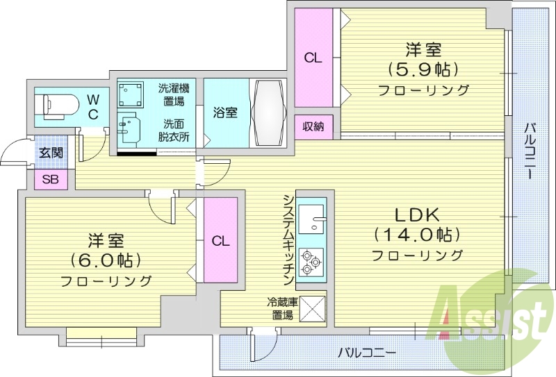 2LDK、システムキッチン、光ファイバー、宅配ボックス