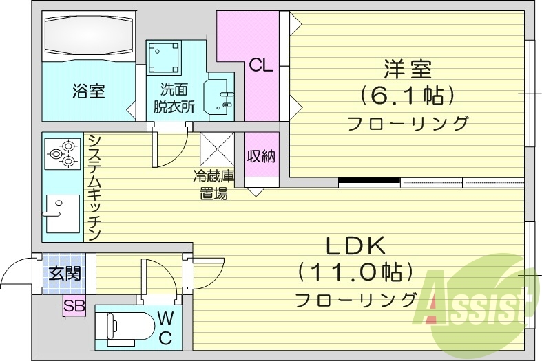 1LDK、システムキッチン、インターネット無料