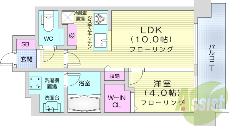 1LDK、都市ガス、分譲、床暖房、システムキッチン