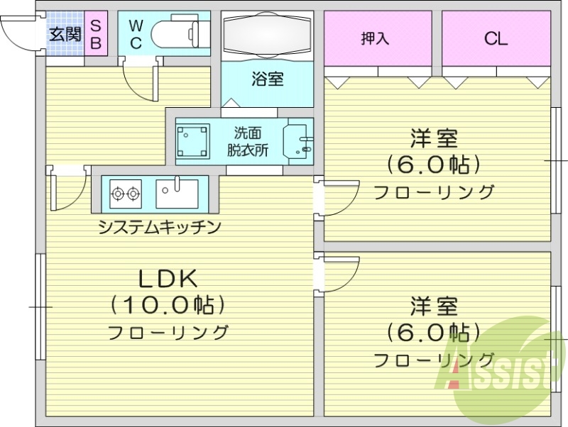 2LDK、角部屋、ペット可、灯油暖房、システムキッチン