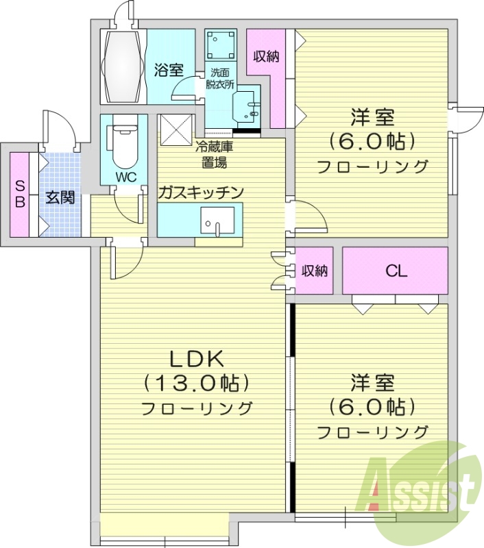 2LDK、対面キッチン、灯油暖房、角部屋