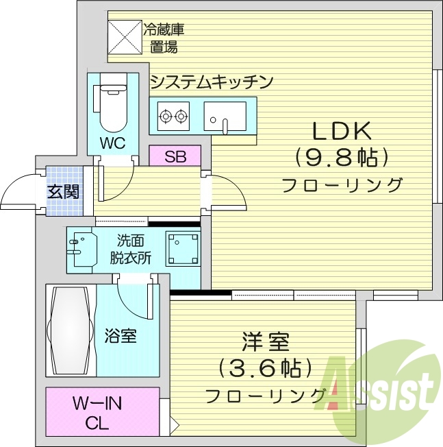 1LDK、都市ガス、エアコン、システムキッチン