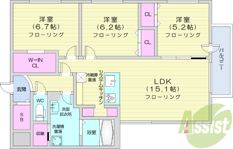 3LDK、都市ガス、エアコン、ネット無料