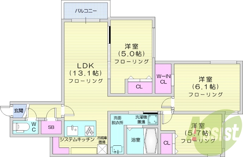 3LDK、都市ガス、エアコン、ネット無料