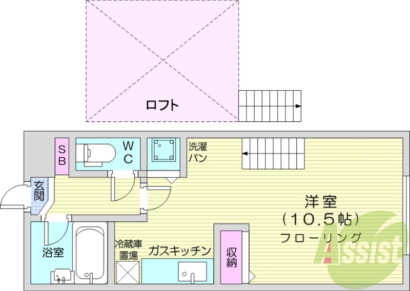 1DK、ロフト付、灯油暖房、エアコン、浴室乾燥機