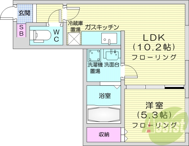 1LDK、シャンプードレッサー、灯油暖房、クローゼット