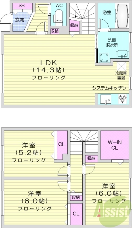 3LDK、1坪バス、灯油暖房、システムキッチン