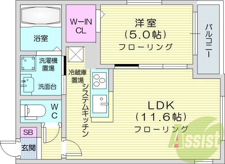 1LDK、システムキッチン、都市ガス、オートロック