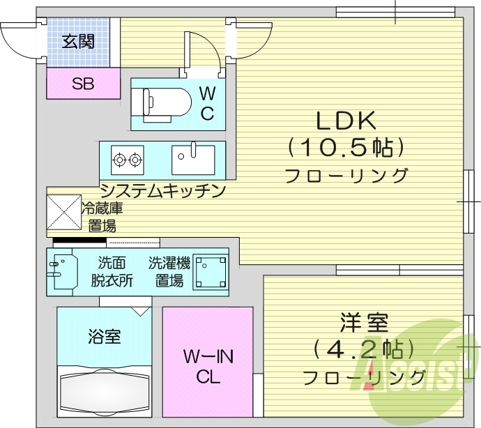 1LDK、オートロック、宅配ボックス、インターネット無料
