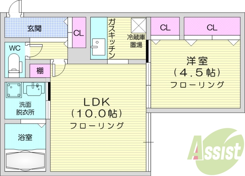 1LDK、都市ガス、角部屋、インターネット無料