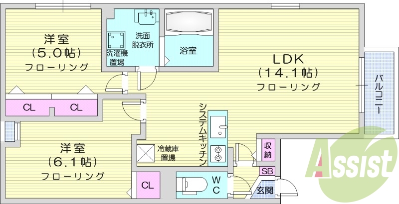 2LDK、都市ガス、エアコン、システムキッチン、宅配ボックス