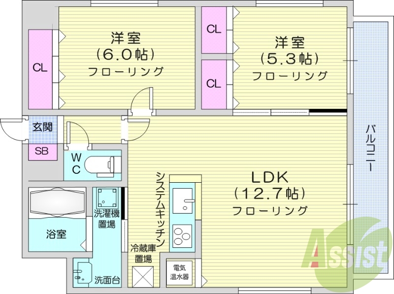 2LDK、角部屋、電気暖房、追い焚き、宅配BOX