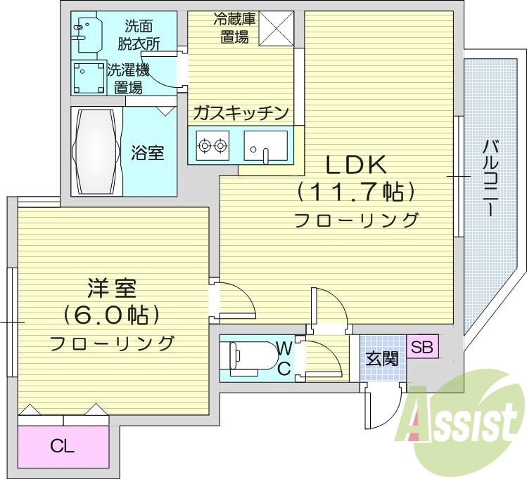 1LDK、角部屋、灯油暖房、バルコニー、収納