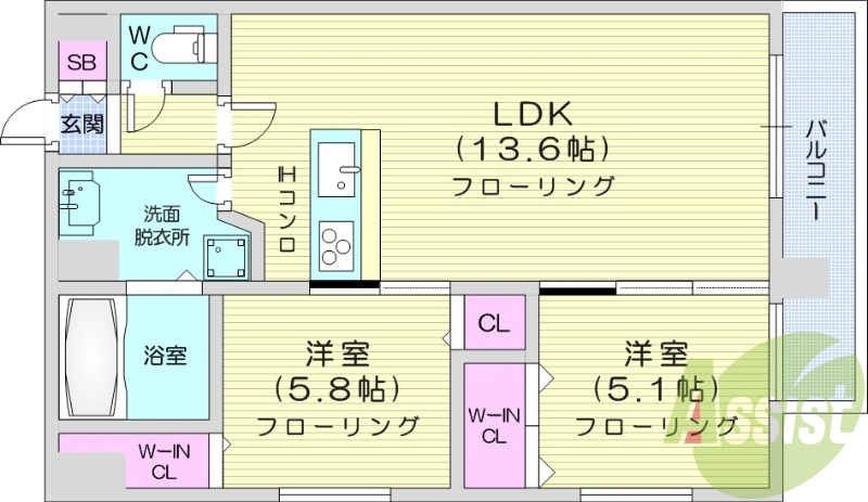 2LDK、オール電化、オートロック、最上階、角部屋、エアコン