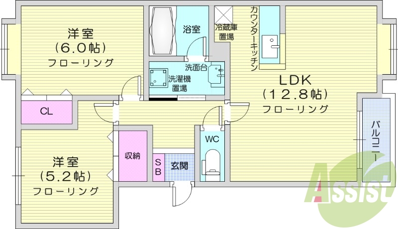 2LDK、灯油暖房、室内洗濯機置場、バストイレ別