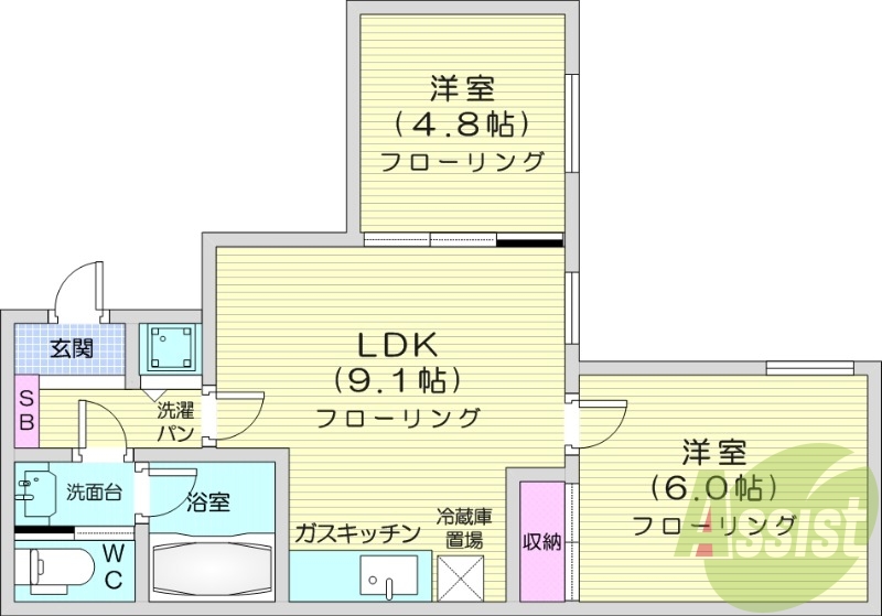 2LDK、シャワートイレ、モニタ付インターホン、灯油暖房