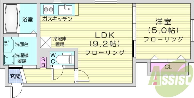 1LDK、都市ガス、角部屋、ネット無料、シャワートイレ