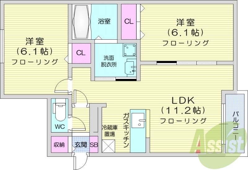 2LDK、灯油暖房、ネット無料、オートロック