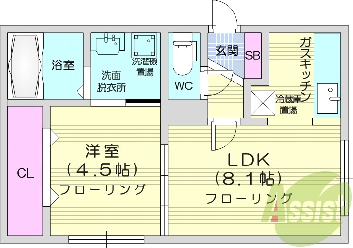 1LDK、エアコン、都市ガス、ネット無料