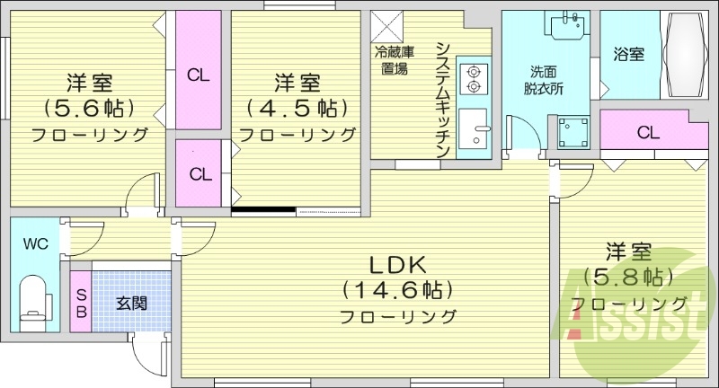 3LDK、システムキッチン、エアコン、食器洗浄乾燥機