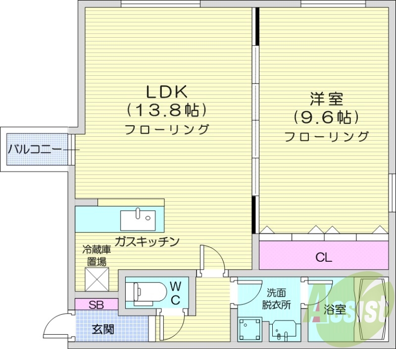 1LDK、収納、洗濯機置場、灯油暖房、オートロック