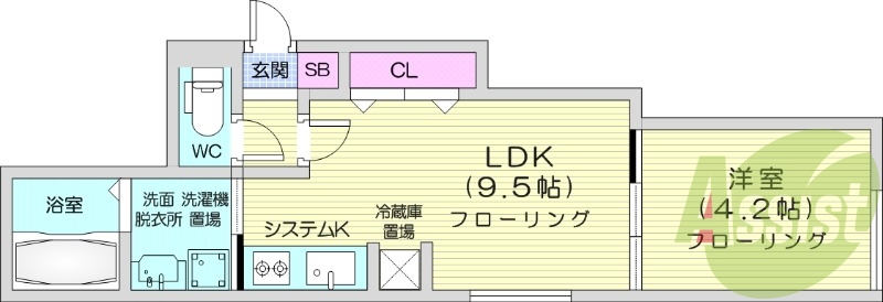 1LDK、都市ガス、エアコン、システムキッチン