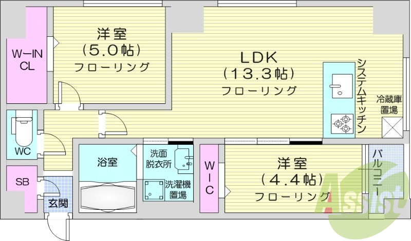 2LDK、都市ガス、エアコン、システムキッチン、追い焚き