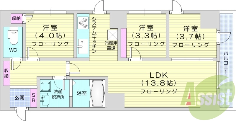 3LDK、ペット可、都市ガス、エアコン、エレベーター