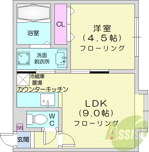 1LDK、エアコン、灯油暖房、角部屋、バス・トイレ別