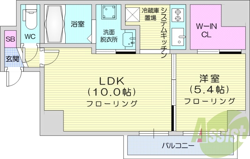 1LDK、都市ガス、エアコン、システムキッチン