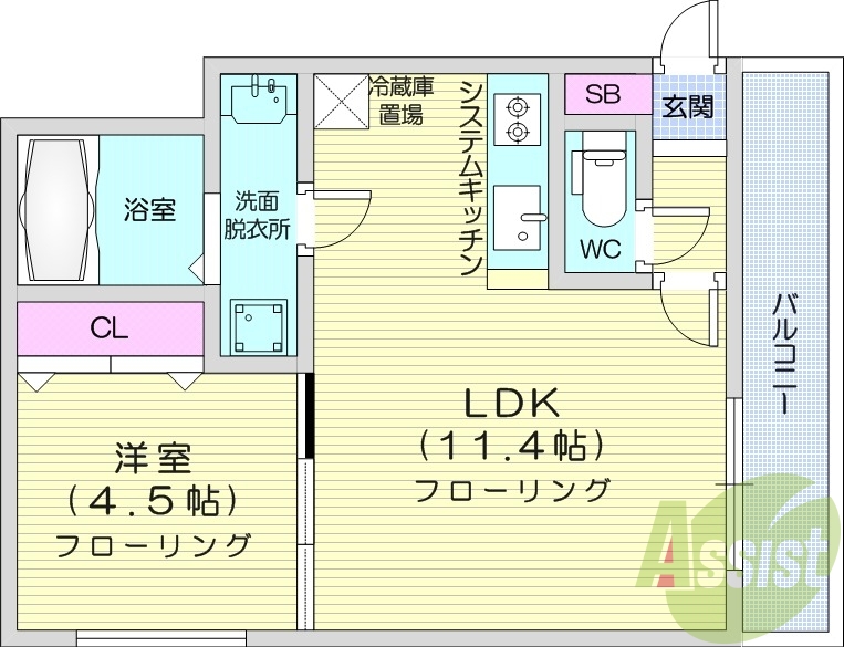 1LDK、都市ガス、エアコン、システムキッチン、