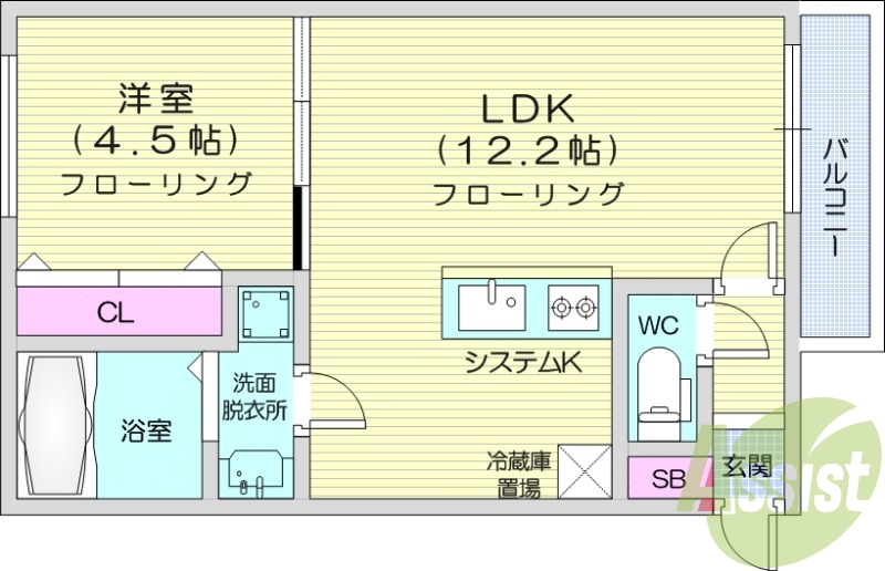 1LDK、都市ガス、エアコン、システムキッチン、