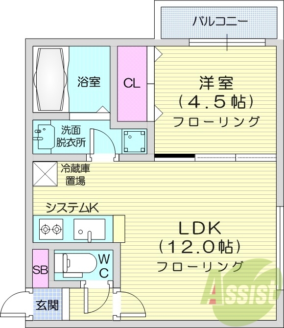 1LDK、都市ガス、エアコン、システムキッチン、