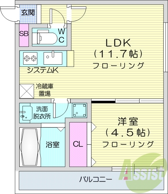 1LDK、都市ガス、エアコン、システムキッチン、