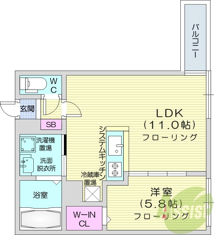 1LDK、都市ガス、シャワートイレ、システムキッチン