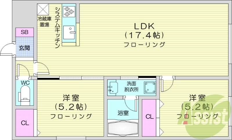 2LDK、ガスリミット、エアコン、システムキッチン