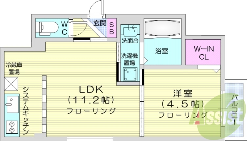 1LDK、システムキッチン、エアコン、バルコニー