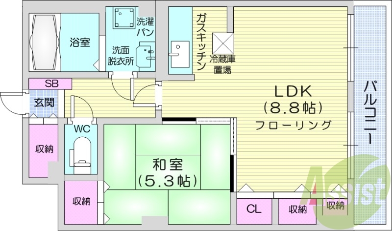 1LDK、オートロック、ウォシュレット、都市ガス