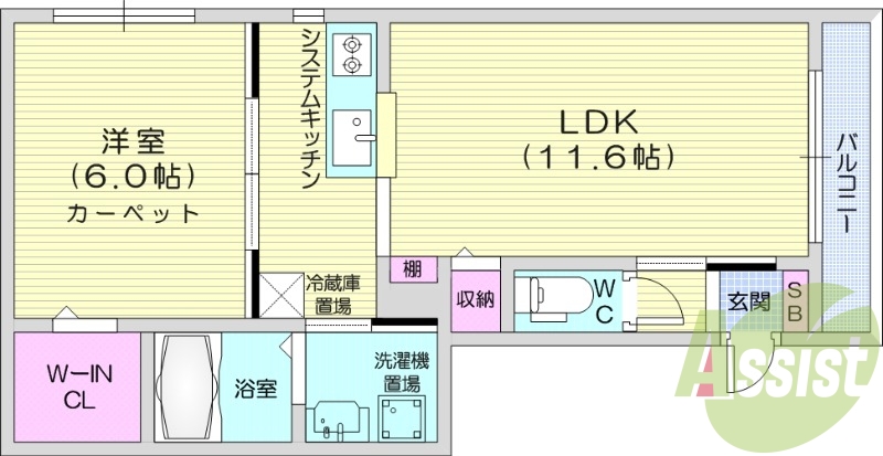 1LDK、システムキッチン、灯油暖房、エアコン