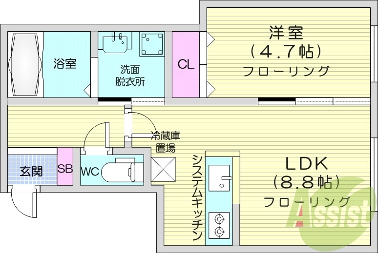 1LDK、エアコン、浴室乾燥機、ネット無料
