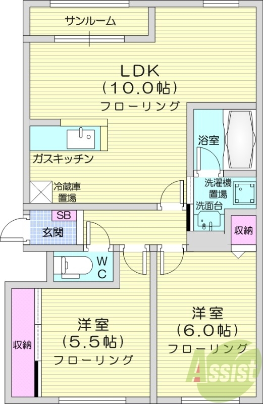 2LDK、カウンターキッチン、角部屋、灯油暖房