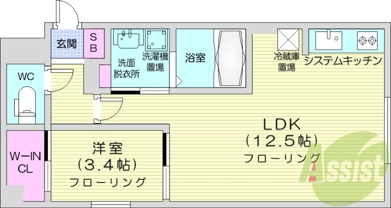 1LDK、都市ガス、エアコン、システムキッチン