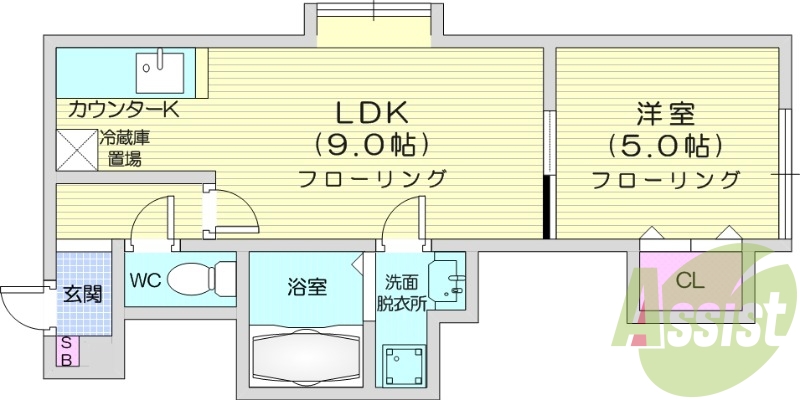 1LDK、インターネット無料、エアコン、脱衣所