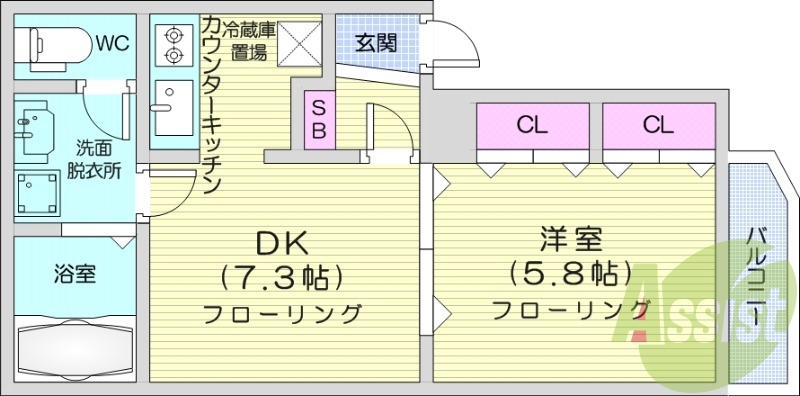 1DK、インターネット無料、バルコニー、インターホン