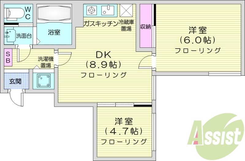 2LDK、シャワートイレ、モニタ付インターホン、灯油暖房