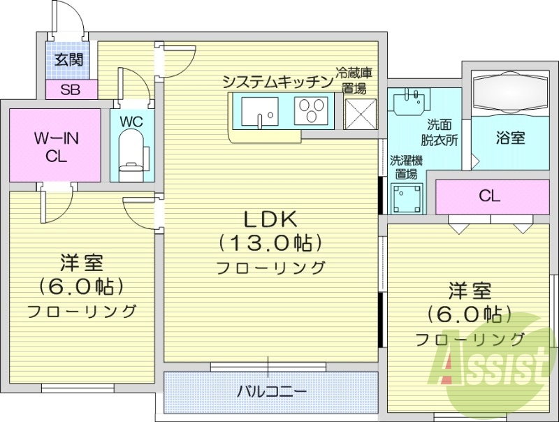 2LDK、エアコン、オートロック、宅配ボックス