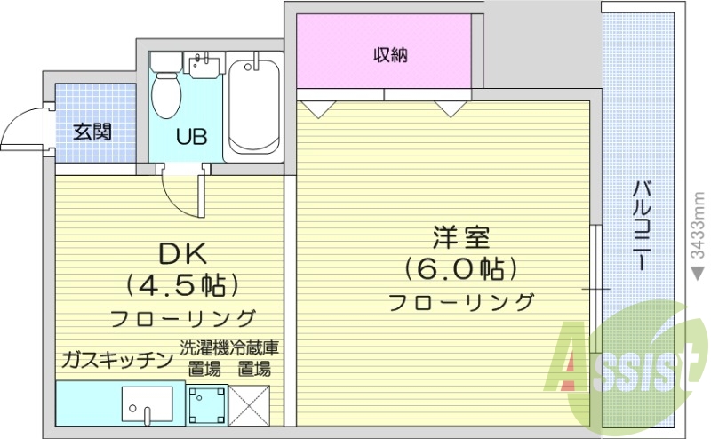 1DK、都市ガス、収納スペース、ガス暖房、バルコニー